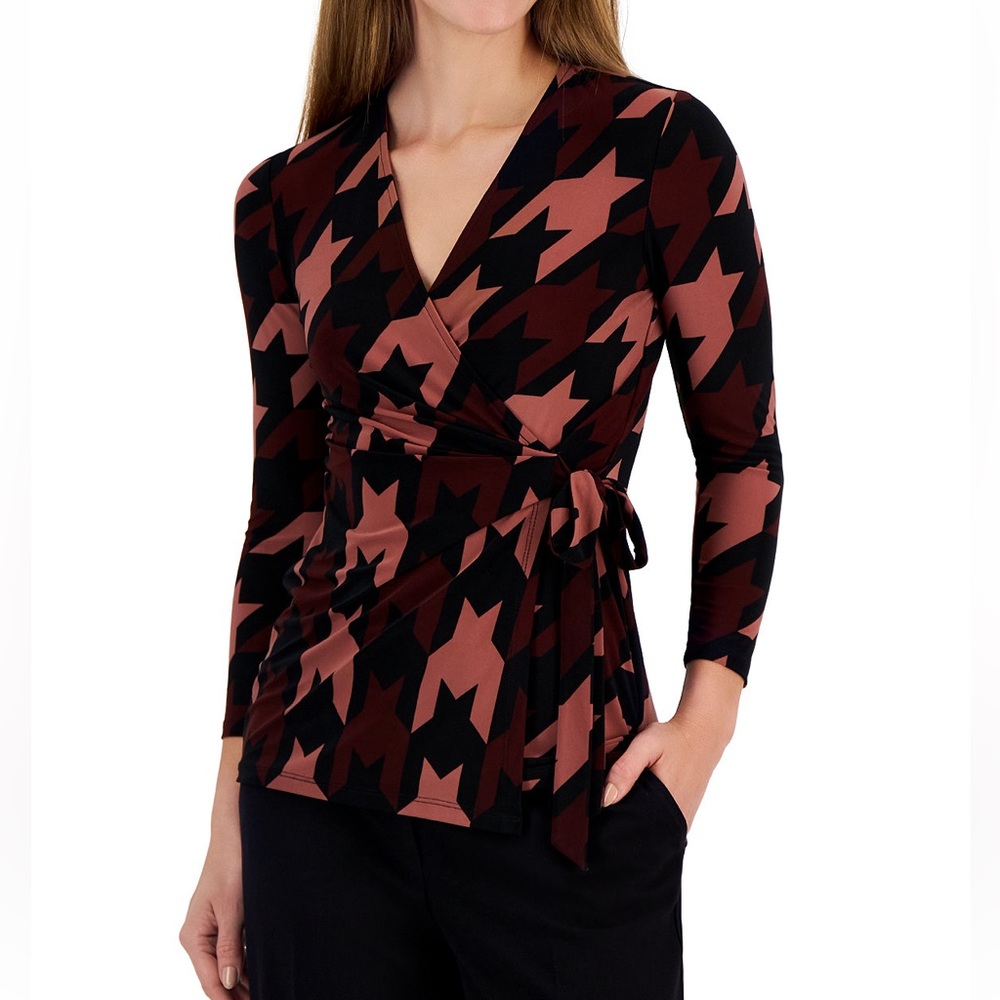 Anne Klein Black and Brown Geometric Wrap Blouse